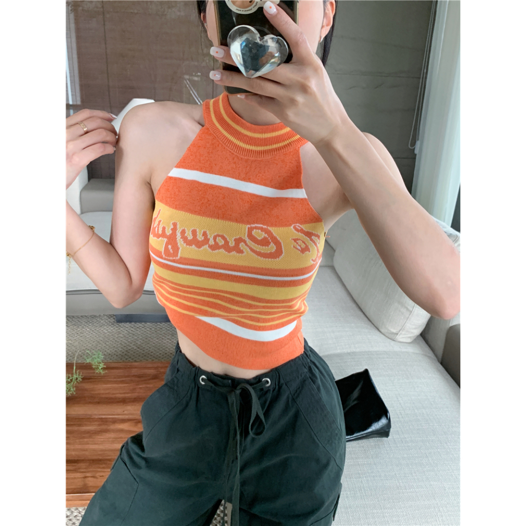 Áo Croptop Hai Dây Dáng Ôm Họa Tiết Kẻ Sọc Phong Cách Hàn Quốc Thời Trang Mùa Hè Cho Nữ