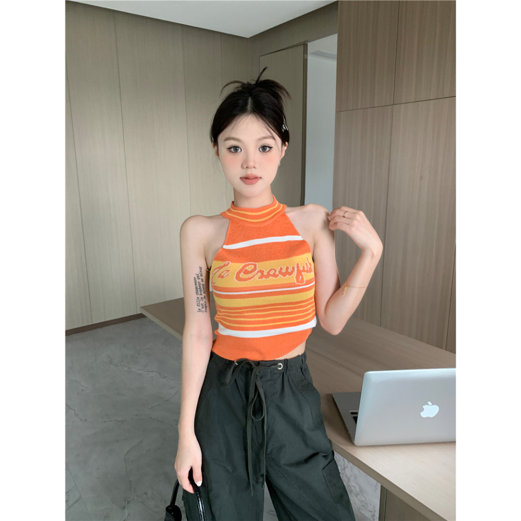 Áo Croptop Hai Dây Dáng Ôm Họa Tiết Kẻ Sọc Phong Cách Hàn Quốc Thời Trang Mùa Hè Cho Nữ