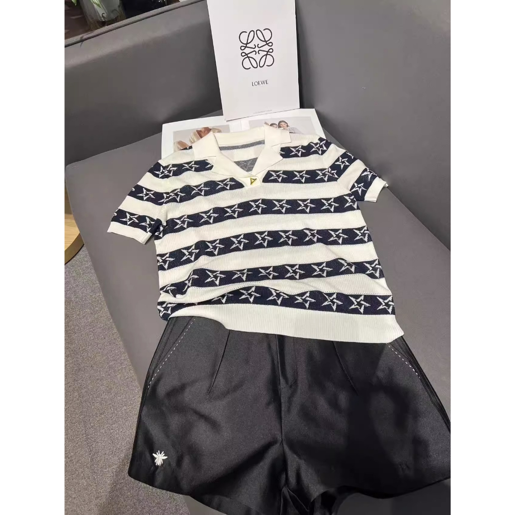 Áo Dệt Kim Ngắn Tay Họa Tiết Ngôi Sao Phong Cách Hàn Quốc