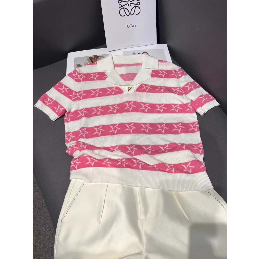 Áo Dệt Kim Ngắn Tay Họa Tiết Ngôi Sao Phong Cách Hàn Quốc