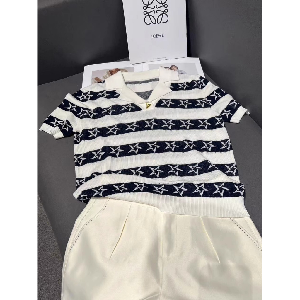 Áo Dệt Kim Ngắn Tay Họa Tiết Ngôi Sao Phong Cách Hàn Quốc