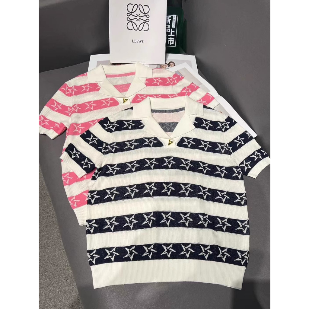 Áo Dệt Kim Ngắn Tay Họa Tiết Ngôi Sao Phong Cách Hàn Quốc