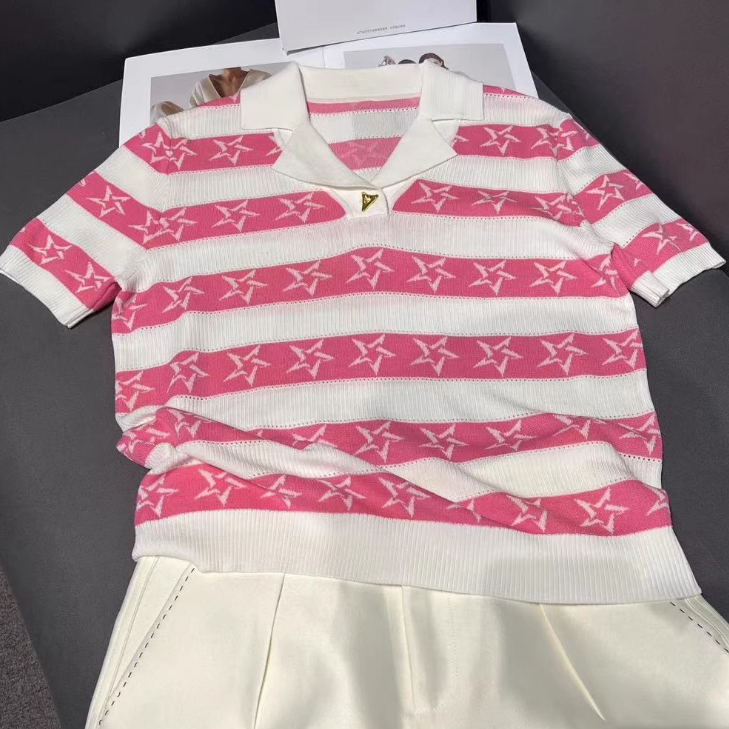 Áo Dệt Kim Ngắn Tay Họa Tiết Ngôi Sao Phong Cách Hàn Quốc