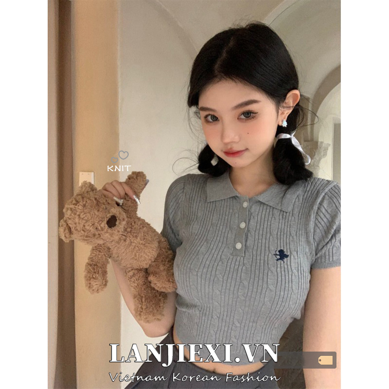 LANJIEXI Áo Thun POLO Ngắn Tay Họa Tiết Thêu Phong Cách Mới Cho Nữ