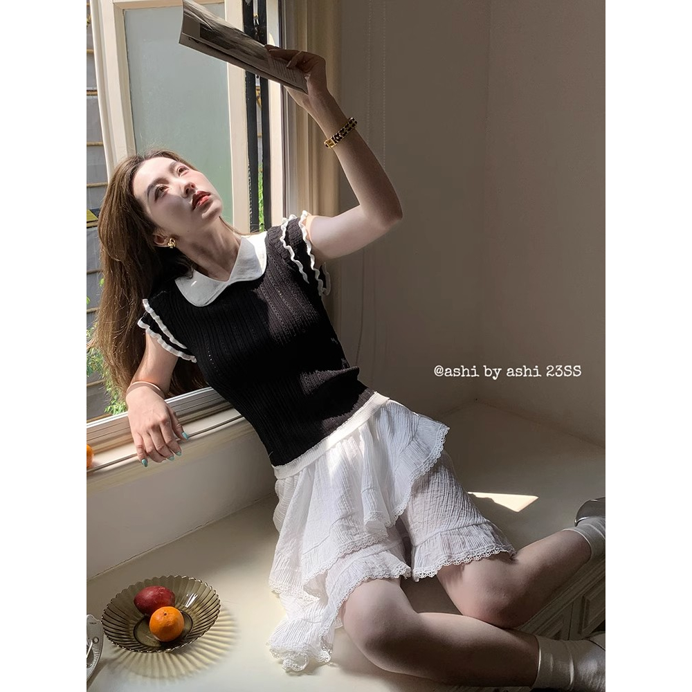 Áo Thun Dệt Kim Dáng Ôm Viền Gợn Sóng Họa Tiết Kẻ Sọc Phong Cách Pháp Thời Trang Cho Nữ