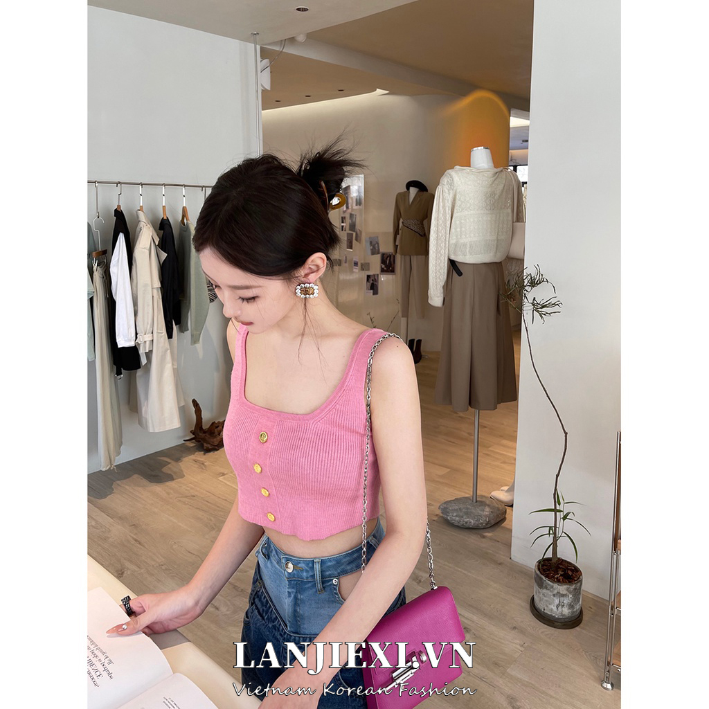 LANJIEXI Áo dây dệt kim có nút màu vàng thời trang quyến rũ cho nữ