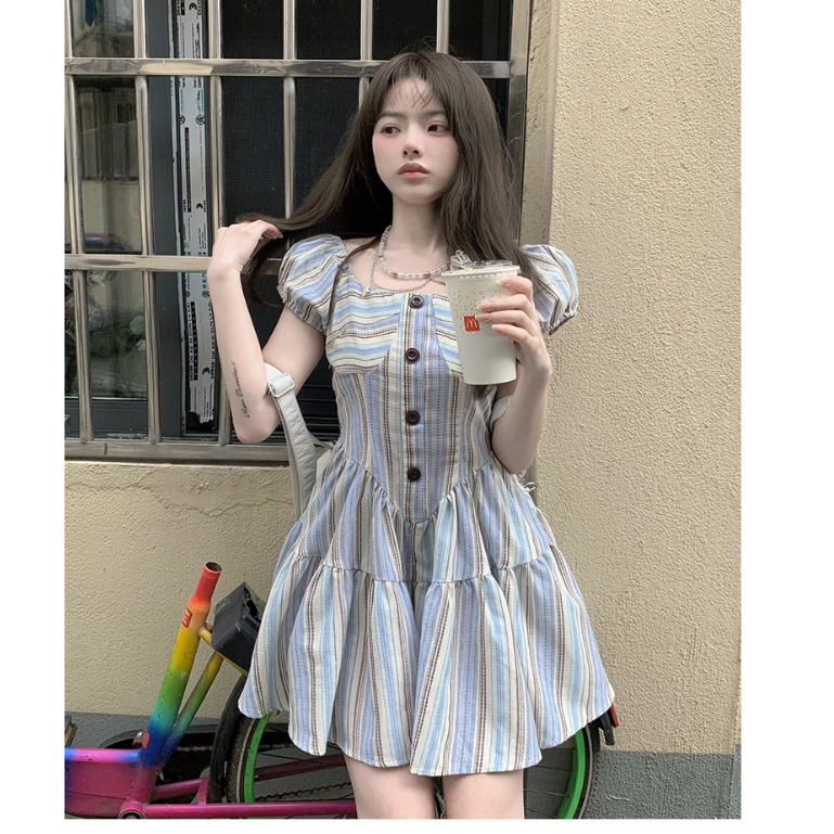 Đầm Tay Phồng Họa Tiết Kẻ Sọc Phong Cách Pháp Thời Trang Quyến Rũ Cho Nữ