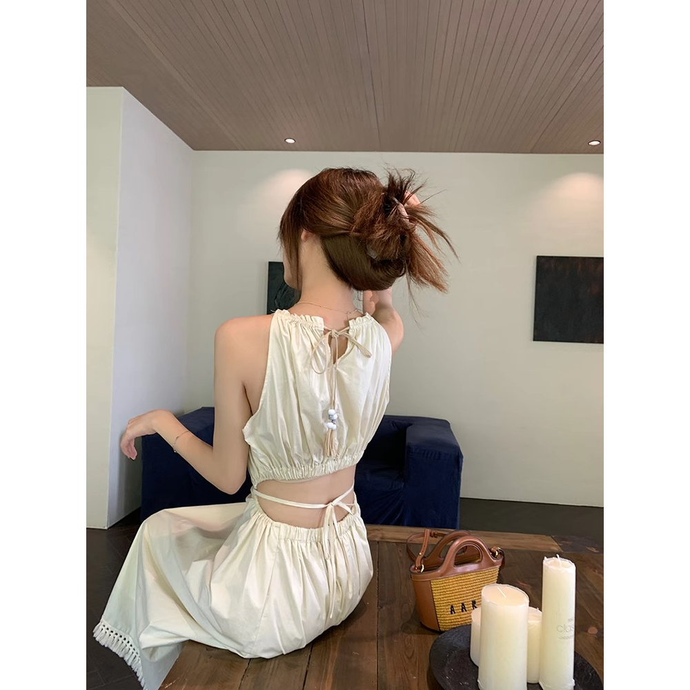 Đầm Hai Dây Dáng Dài Ôm Eo Phối Dây Cột Khoét Lỗ Rỗng Phong Cách Kỳ Nghỉ Cho Nữ