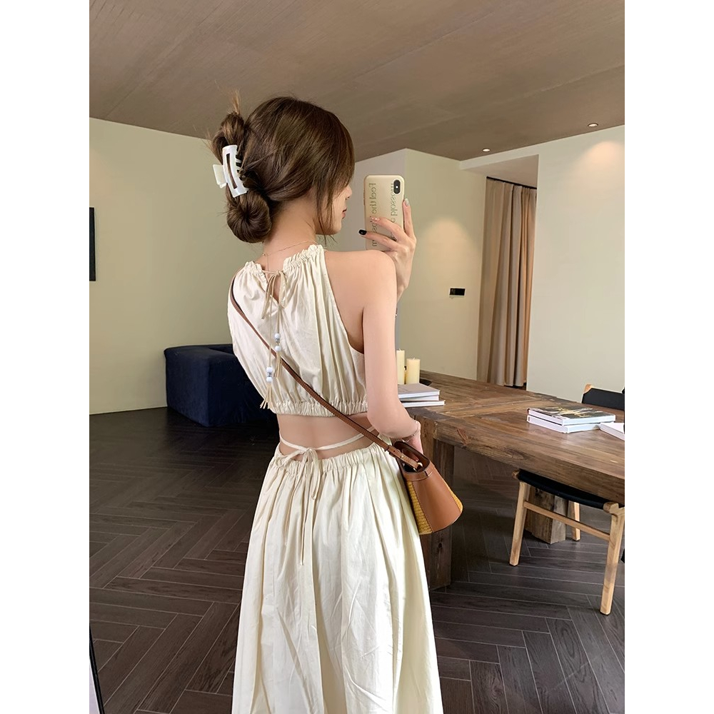 Đầm Hai Dây Dáng Dài Ôm Eo Phối Dây Cột Khoét Lỗ Rỗng Phong Cách Kỳ Nghỉ Cho Nữ