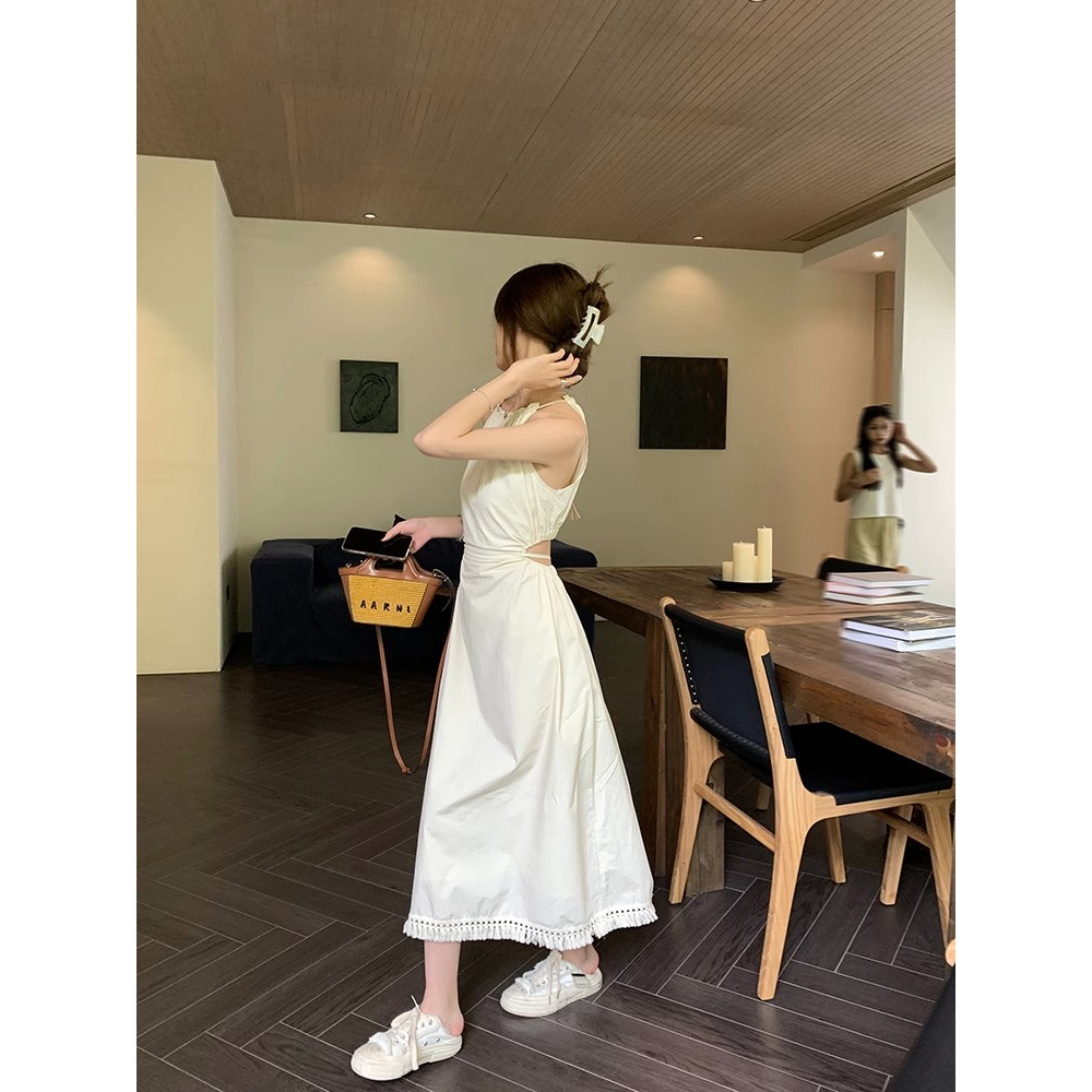 Đầm Hai Dây Dáng Dài Ôm Eo Phối Dây Cột Khoét Lỗ Rỗng Phong Cách Kỳ Nghỉ Cho Nữ