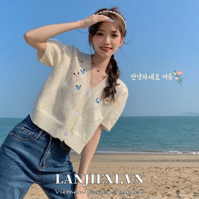 LANJIEXI Áo khoác cardigan dệt kim dáng ngắn thêu họa tiết thanh lịch cao cấp