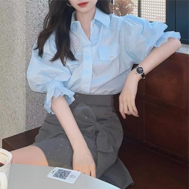 Áo Sơ Mi Tay Ngắn Phồng Cổ Bẻ Dáng Rộng Thời Trang Hàn Quốc Xinh Xắn Cho Nữ