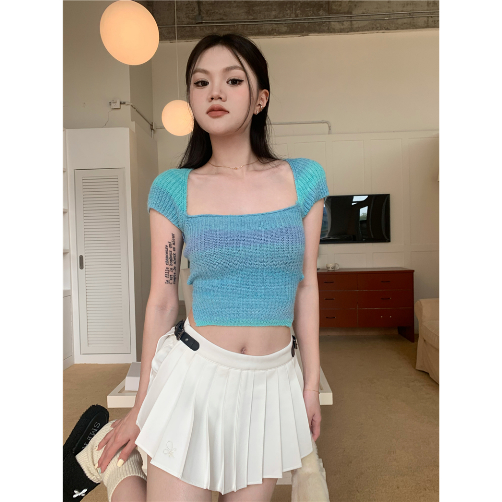 Áo Thun Tay Ngắn Cổ Vuông Thắt Dây Lưng Thời Trang Cho Nữ