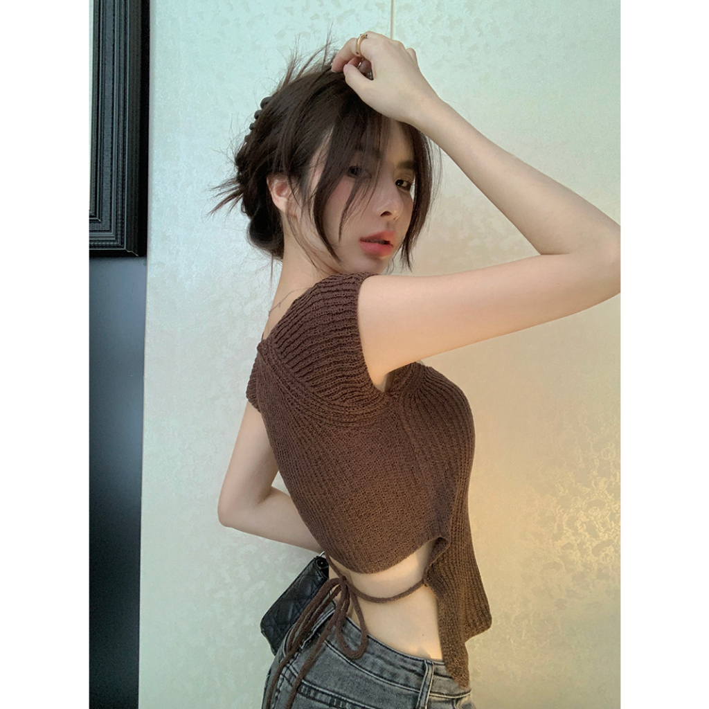 Áo Thun Tay Ngắn Cổ Vuông Thắt Dây Lưng Thời Trang Cho Nữ