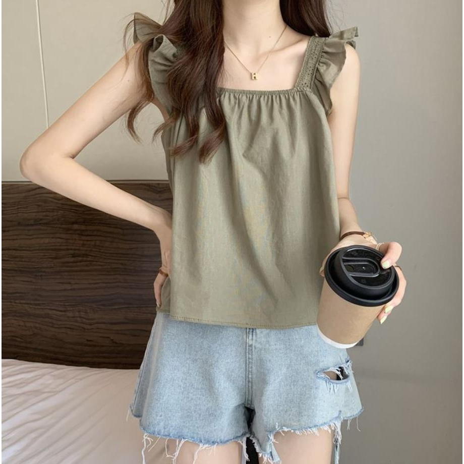 Jiashucheng Áo Thun Sát Nách Cổ Vuông Nhỏ Thiết Kế Độc Đáo Phong Cách Pháp Thời Trang Mùa Hè Cho Nữ