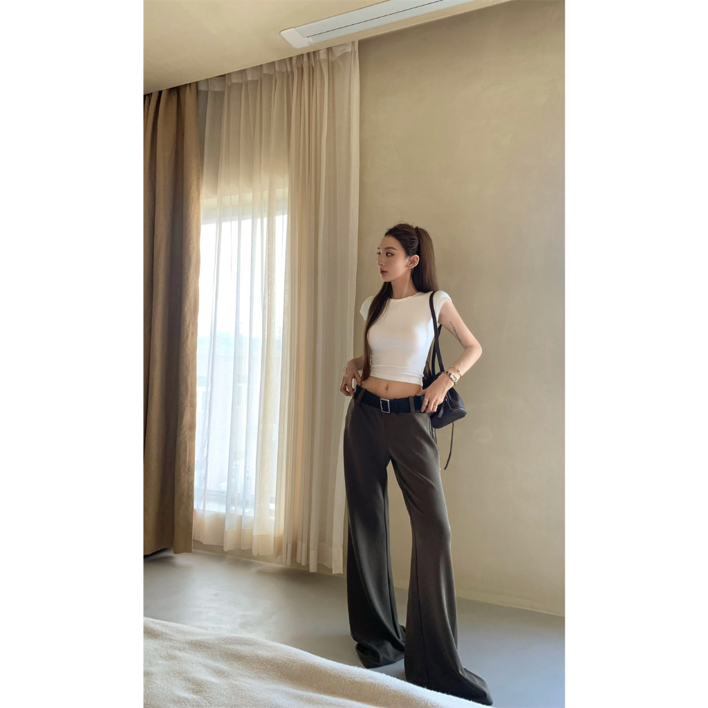 【COLORBLLIND】Bộ Áo Ngắn Tay + Quần Dài Ống Loe Thời Trang Retro Dễ Phối Đồ Kiểu Mỹ
