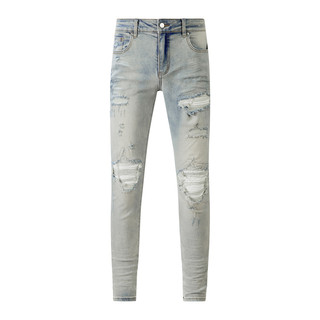 AMIRI New Street Fashion Men Jeans Vintage Baby blue Tight White Patch Men Hip Hop Denim Pants