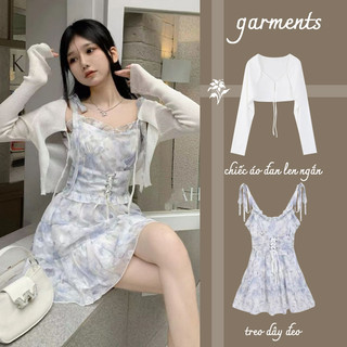 Set váy hoa nhí 2 dây Đầm Hoa ngắn voan Thon gọn +áo khoác Cardigan dệt kim hoang dã tươi và ngọt ngào bộ đồ nữ hai mảnh
