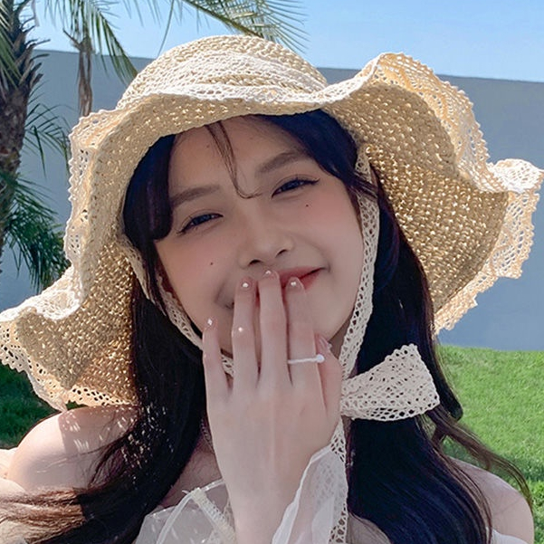 Mũ Cói Rộng Vành Che Nắng Phối Ren Có Thể Gấp Gọn Thời Trang Đi Biển Mùa Hè Cho Nữ