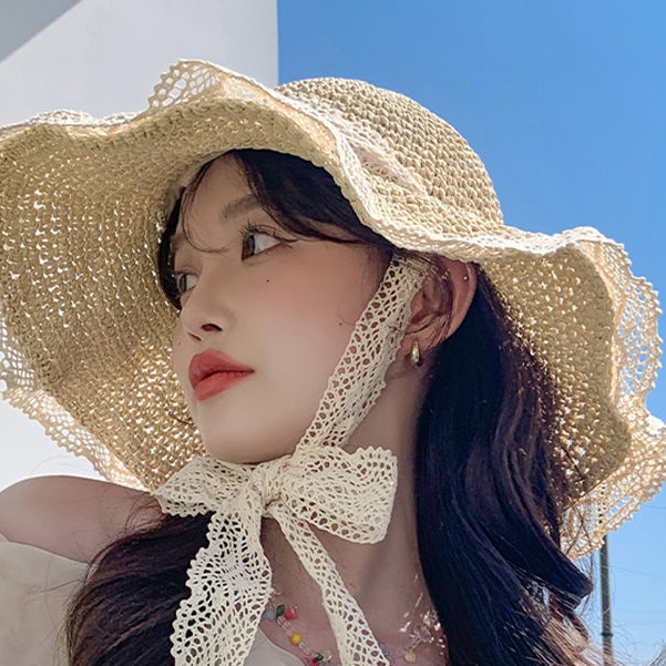 Mũ Cói Rộng Vành Che Nắng Phối Ren Có Thể Gấp Gọn Thời Trang Đi Biển Mùa Hè Cho Nữ