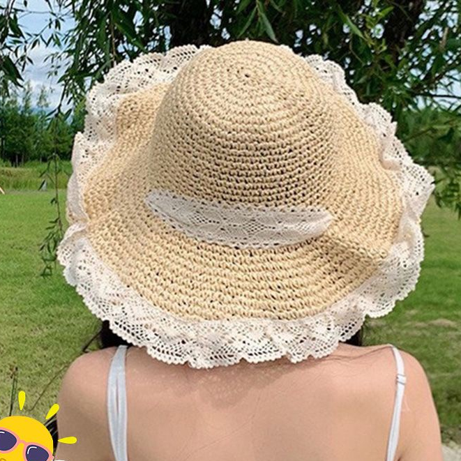 Mũ Cói Rộng Vành Che Nắng Phối Ren Có Thể Gấp Gọn Thời Trang Đi Biển Mùa Hè Cho Nữ