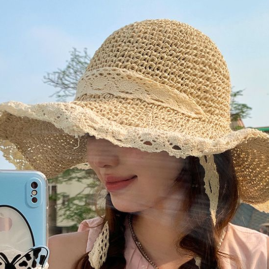 Mũ Cói Rộng Vành Phối Ren Chống Nắng Thời Trang Mùa Hè