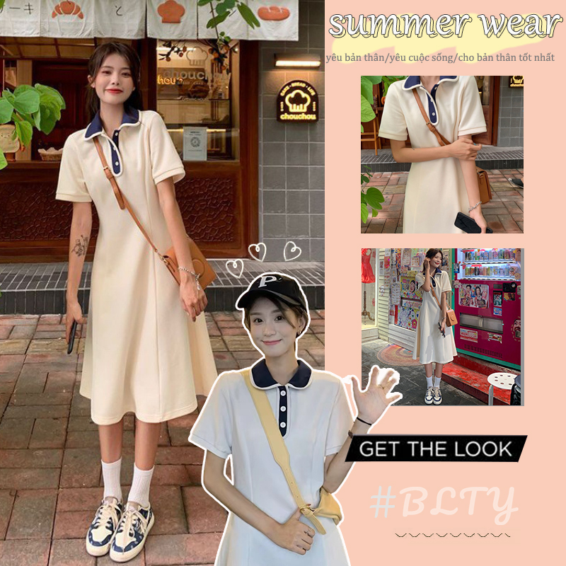 BLTYĐầm Midi Tay Phồng Cổ polo Thời Trang Mùa Hè Cho Nữ