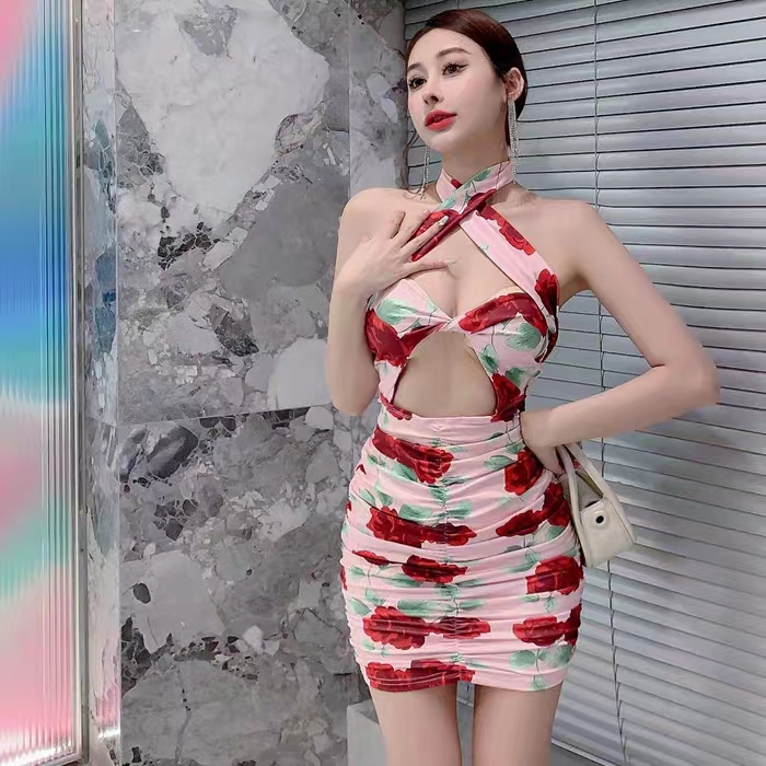 Klalien Đầm Hai Dây Ôm Dáng Hở Lưng In Họa Tiết Hoa Quyến Rũ Dành Cho Nữ
