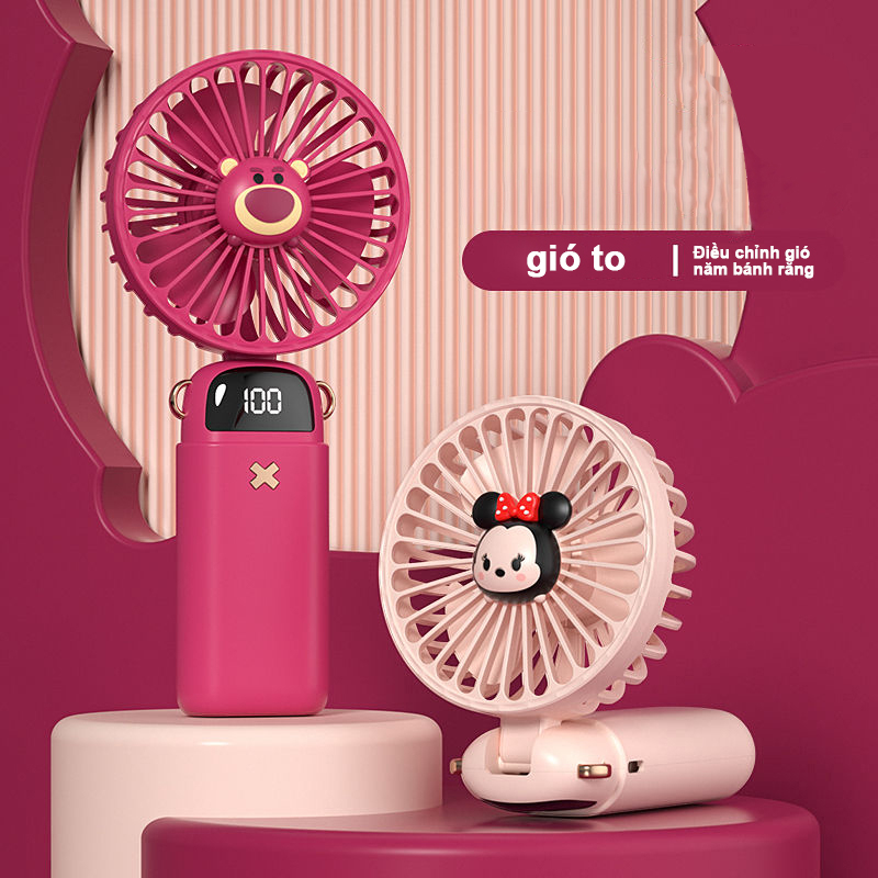 Quạt Cầm Tay Mini  USB Sạc Có Đế Để Bàn Gấu Dâu Tây Disney Đáng Yêu