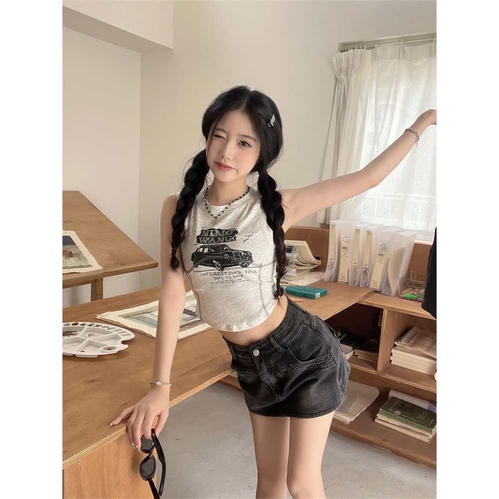 HUANG YOYO Áo Croptop Dáng Ôm In Họa Tiết Xe Hơi Phong Cách Mỹ Cổ Điển Thời Trang Mùa Hè Cho Nữ