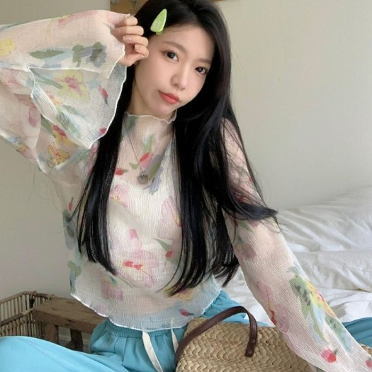 Áo Sơ Mi Chiffon Tay Dài Ống Loe Xẻ Tà Thời Trang Cho Nữ