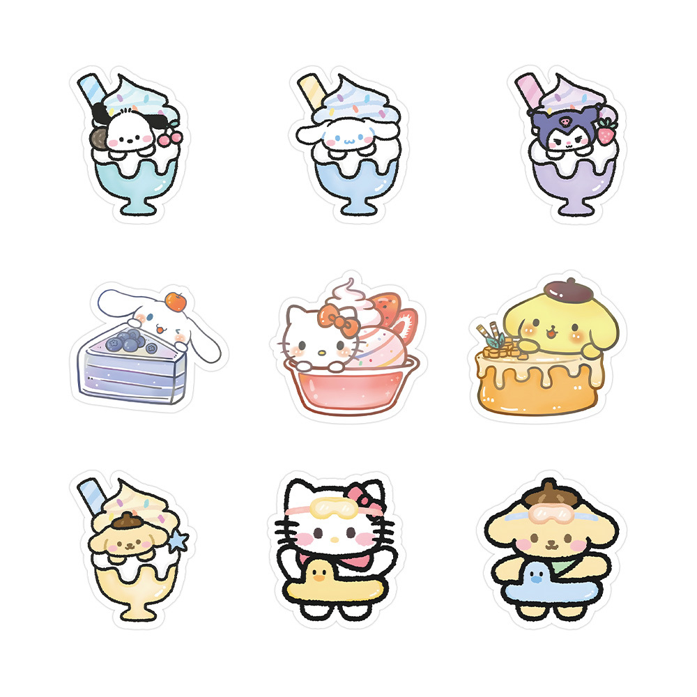 Bộ 100 Miếng Dán Hình Sanrio Hello Kitty Mymelody Cinnamoroll Kuromi Pochacco Keroppi