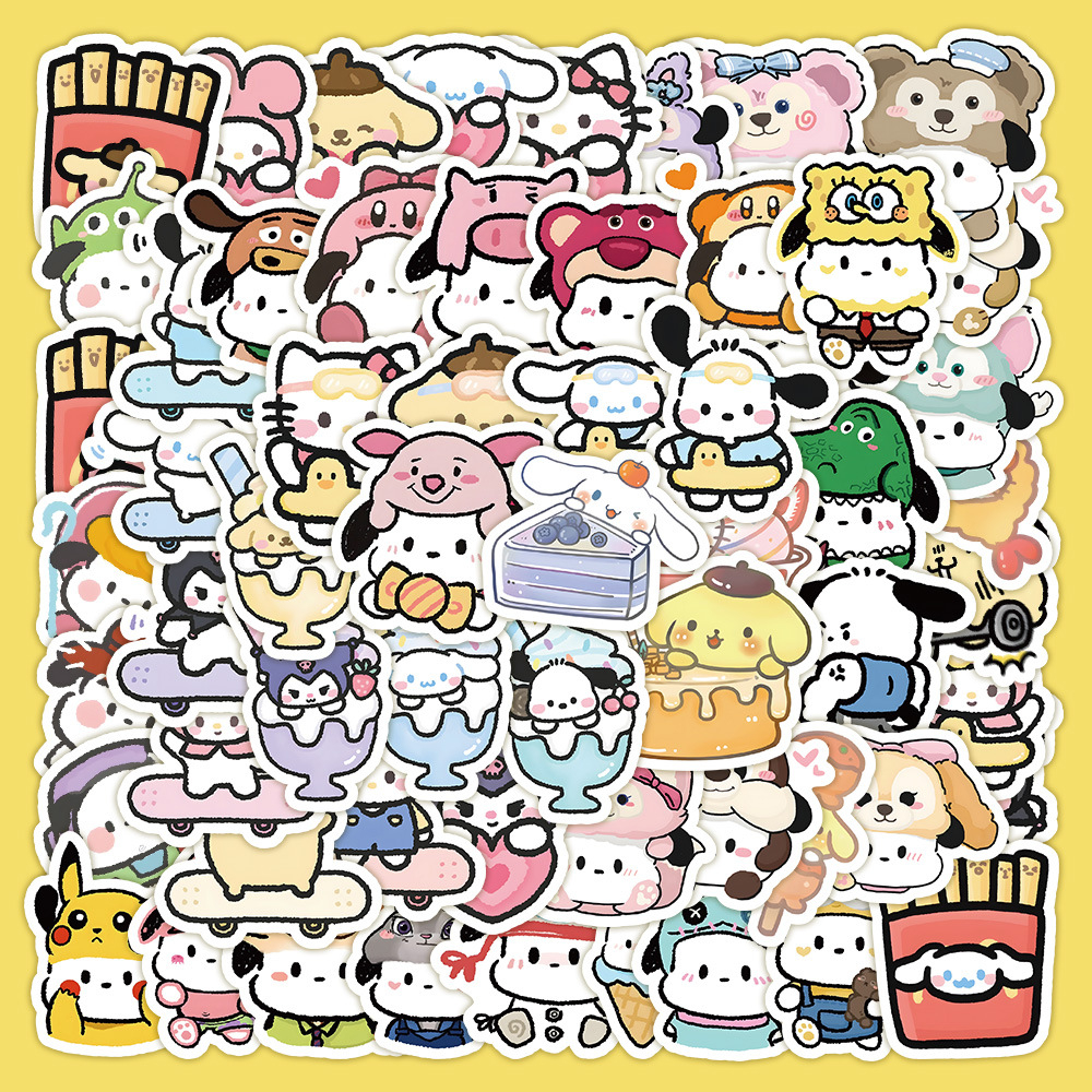 Bộ 100 Miếng Dán Hình Sanrio Hello Kitty Mymelody Cinnamoroll Kuromi Pochacco Keroppi