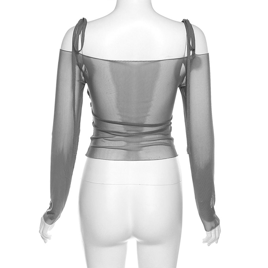 Klalien Áo Croptop Trễ Vai Tay Dài Phối Lưới Màu Trơn Đơn Giản Thời Trang Cho Nữ