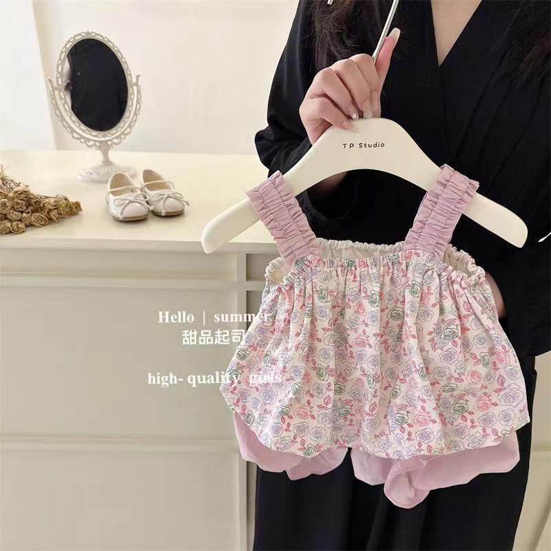 Set Áo Hai Dây Họa Tiết Hoa + Quần Short Ren Phong Cách Hàn Quốc Thời Trang Mùa Hè Cho Bé Gái