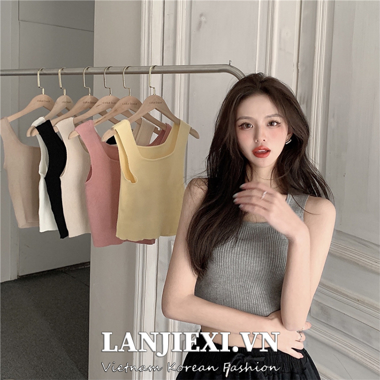 LANJIEXI Áo croptop dệt kim không tay màu trơn thời trang phong cách Hàn Quốc 7 màu tùy chọn cho nữ