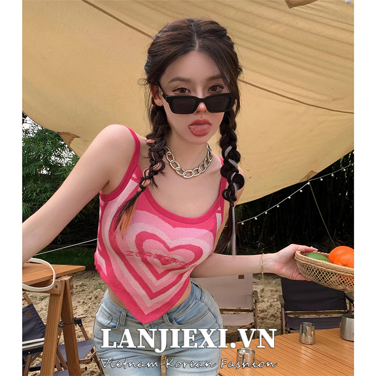 LANJIEXI Áo Dệt Kim Sát Nách Màu Hồng/Xanh Lá Phong Cách Hàn Quốc Thời Trang Cho Nữ