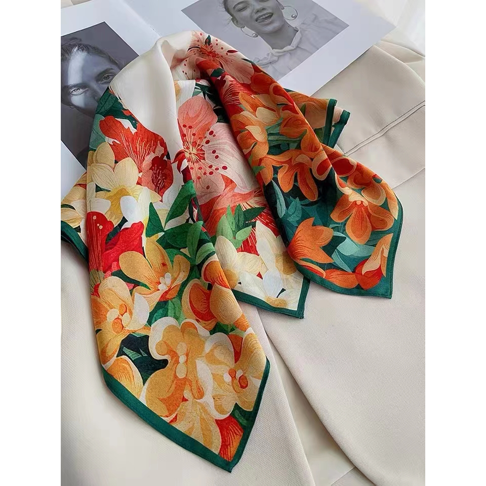 Khăn Choàng Cổ Vuông 90x90cm Chất Liệu Lụa In Họa Tiết Thời Trang Cho Nữ