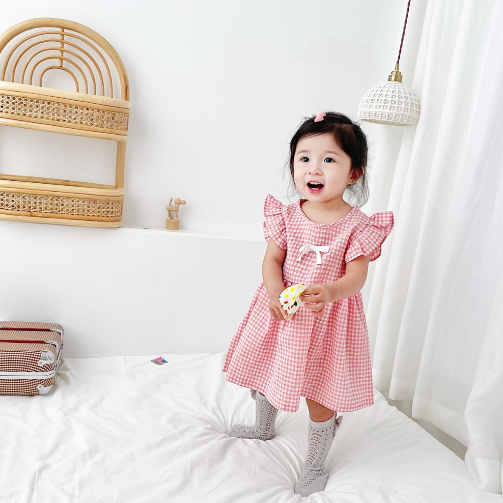 Sanlutoz Đầm Chất Liệu Cotton Họa Tiết Sọc Caro Thời Trang Mùa Hè Theo Phong Cách Hàn Quốc Cho Bé Gái