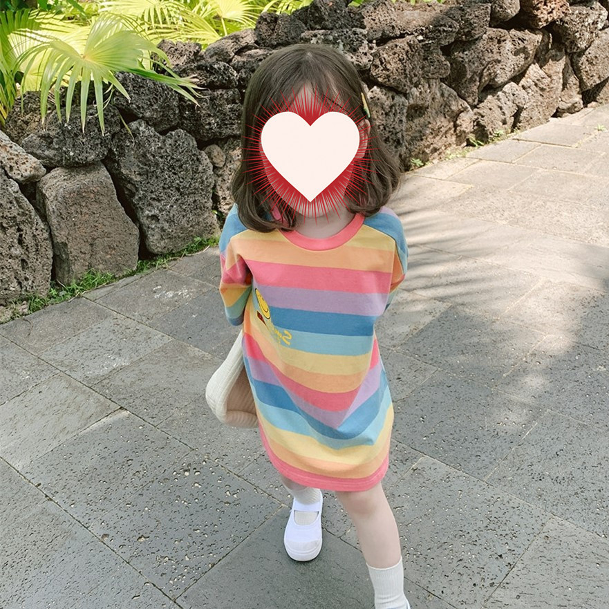 Sun baby Áo Thun Tay Ngắn Kẻ Sọc Cầu Vồng Dễ Thương Xinh Xắn Cho Nữ