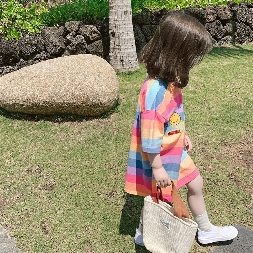 Sun baby Áo Thun Tay Ngắn Kẻ Sọc Cầu Vồng Dễ Thương Xinh Xắn Cho Nữ