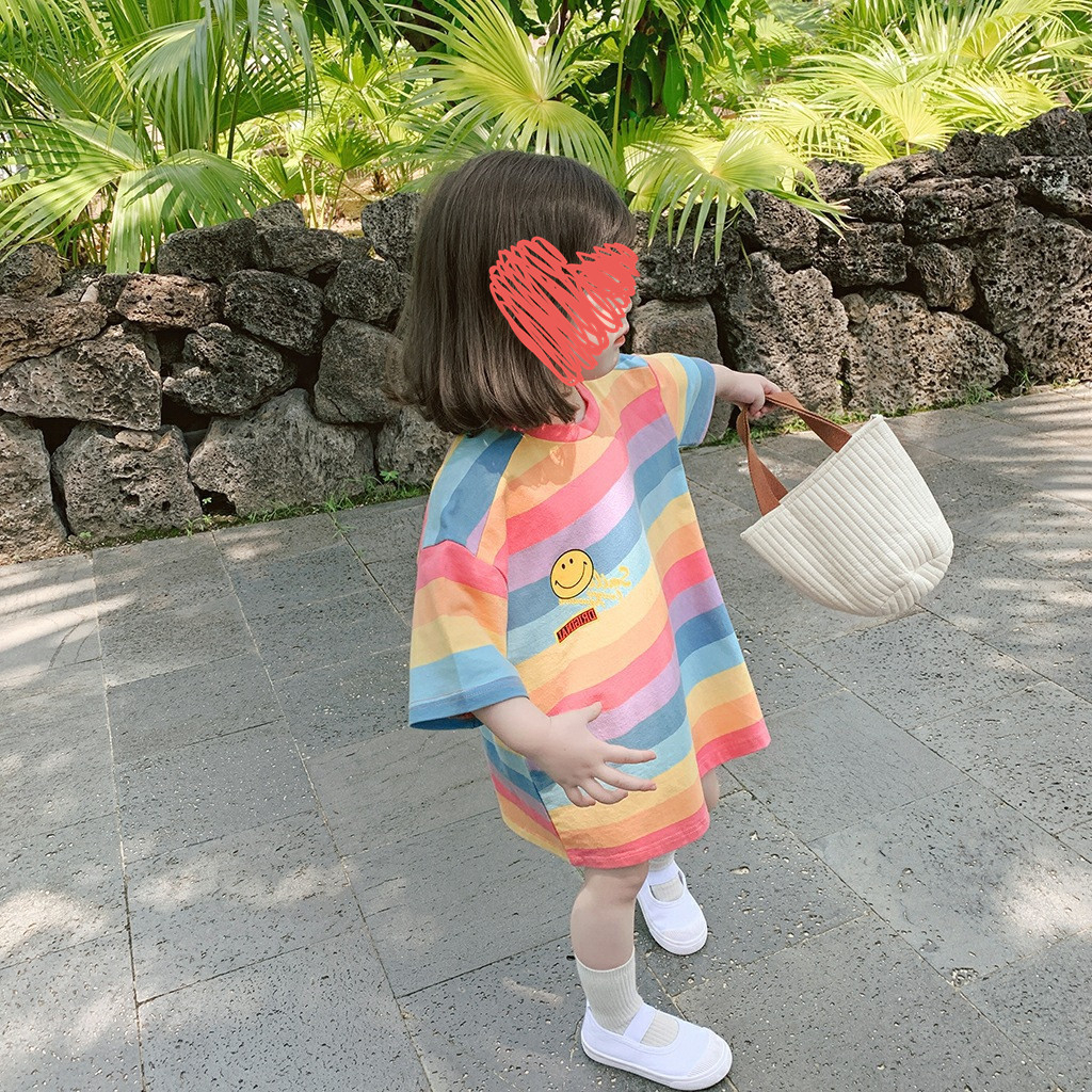 Sun baby Áo Thun Tay Ngắn Kẻ Sọc Cầu Vồng Dễ Thương Xinh Xắn Cho Nữ