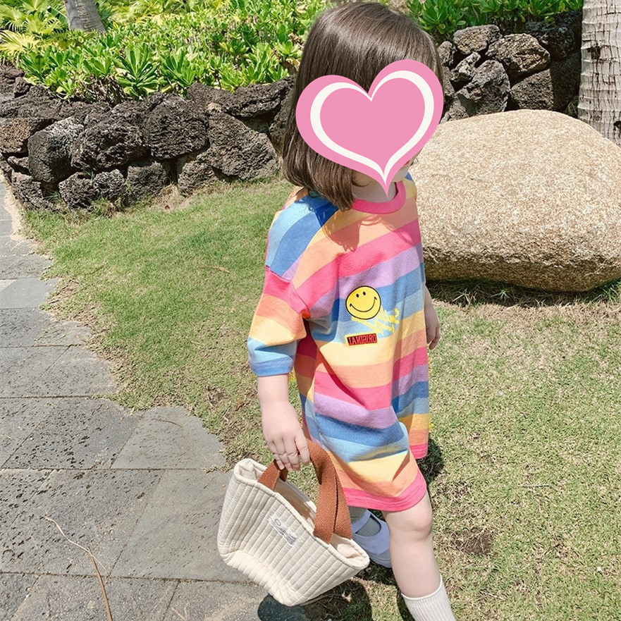 Sun baby Áo Thun Tay Ngắn Kẻ Sọc Cầu Vồng Dễ Thương Xinh Xắn Cho Nữ