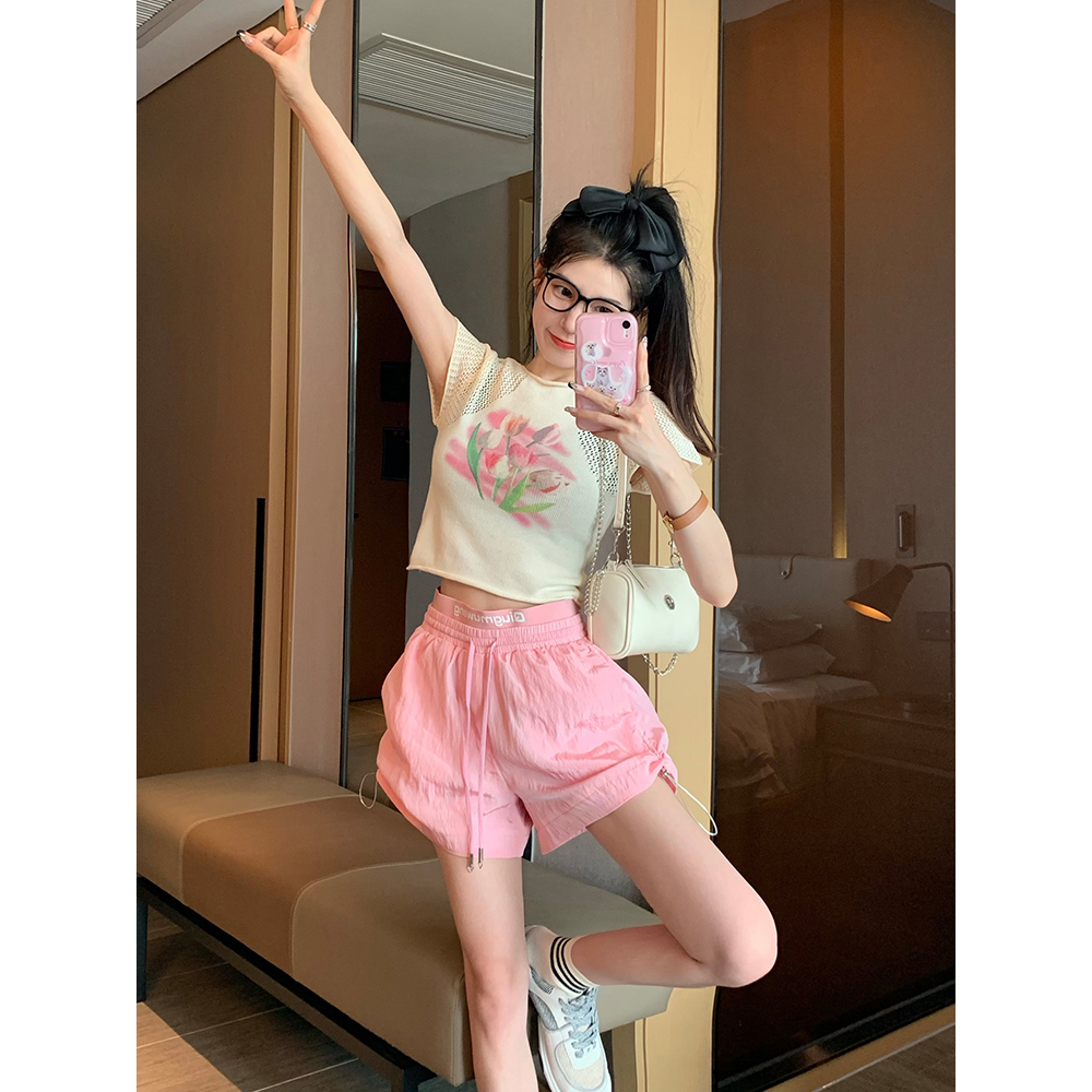 Áo Croptop Dệt Kim Tay Ngắn In Họa Tiết Xinh Xắn Cho Nữ