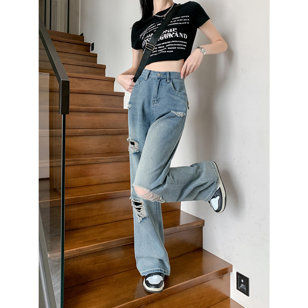 Ethelgirl Quần jeans Nữ Lưng Cao Ống Rộng Phong Cách retro