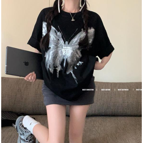 Áo Thun Tay Ngắn Dáng Rộng In Họa Tiết Bướm Màu Đen Phong Cách Mỹ Thời Trang Mùa Hè Cho Nữ