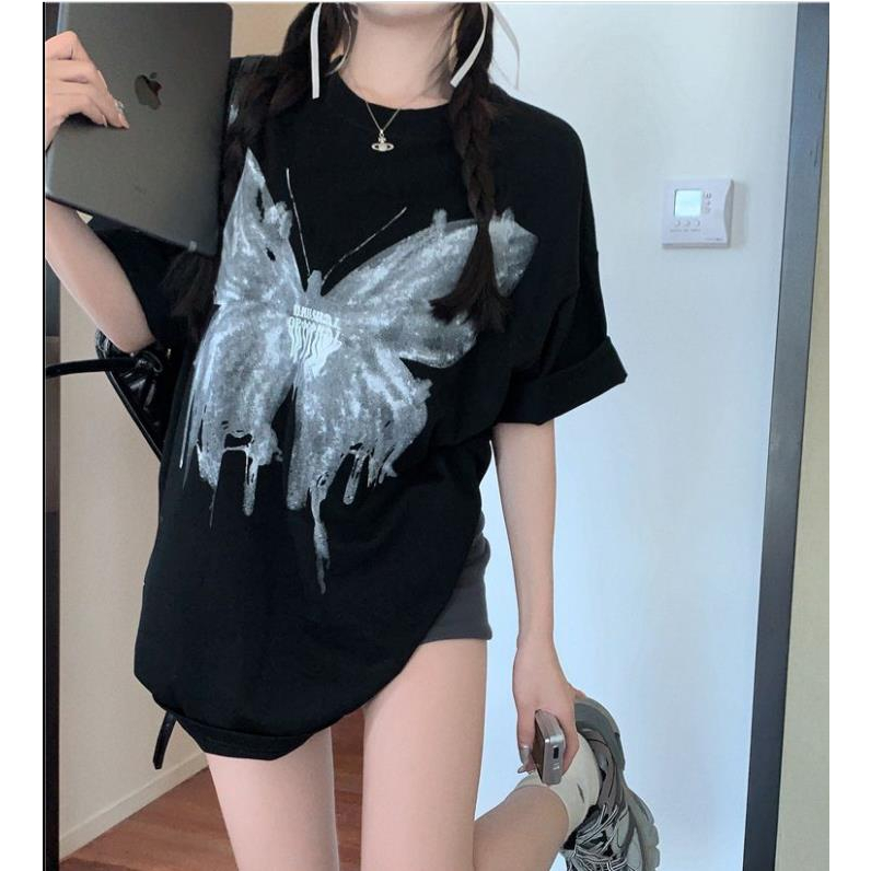 Áo Thun Tay Ngắn Dáng Rộng In Họa Tiết Bướm Màu Đen Phong Cách Mỹ Thời Trang Mùa Hè Cho Nữ