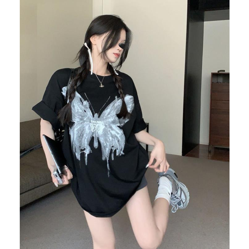 Áo Thun Tay Ngắn Dáng Rộng In Họa Tiết Bướm Màu Đen Phong Cách Mỹ Thời Trang Mùa Hè Cho Nữ