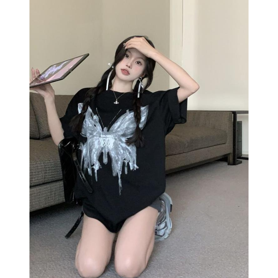 Áo Thun Tay Ngắn Dáng Rộng In Họa Tiết Bướm Màu Đen Phong Cách Mỹ Thời Trang Mùa Hè Cho Nữ