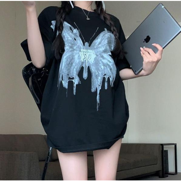 Áo Thun Tay Ngắn Dáng Rộng In Họa Tiết Bướm Màu Đen Phong Cách Mỹ Thời Trang Mùa Hè Cho Nữ